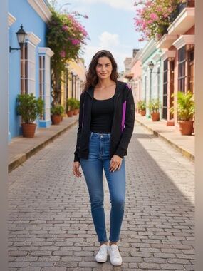 TRINA TURK Recreation Zip Up Hooded Stretch Activewear Jacket MEDIUM BlackPurple